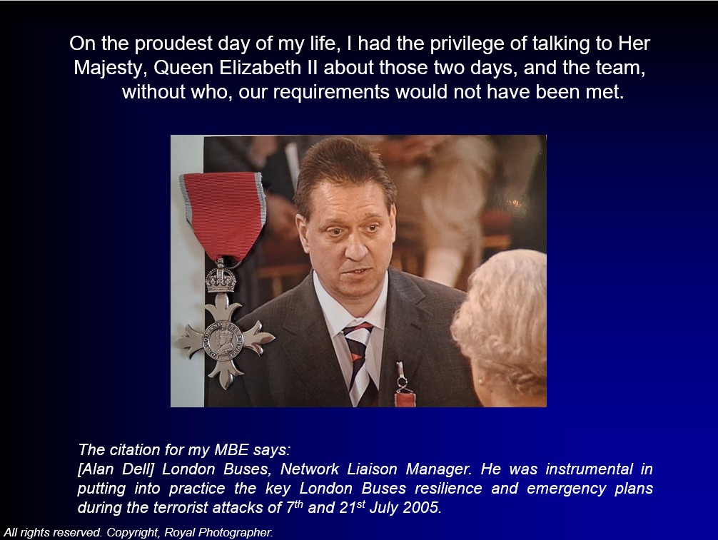 Alan Dell receiving his MBE from Her Majesty Queen Elizabeth II